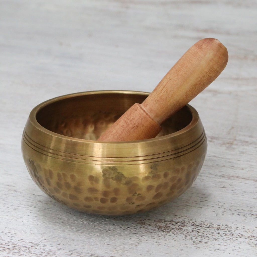 Brass Hammered Singing Bowl with Raintree Wood Striker - Singing Healer
