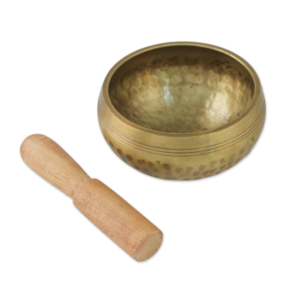 Brass Hammered Singing Bowl with Raintree Wood Striker - Singing Healer